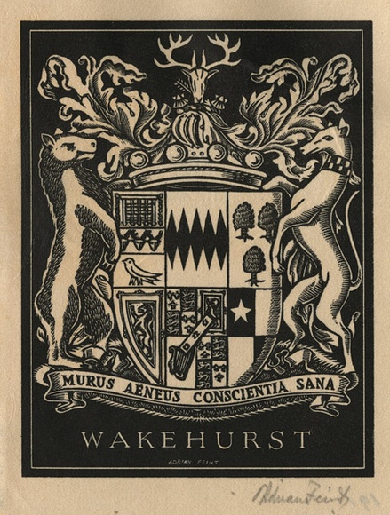 Artist: b'FEINT, Adrian' | Title: b'Bookplate: Wakehurst.' | Date: (1938) | Technique: b'wood-engraving, printed in black ink, from one block' | Copyright: b'Courtesy the Estate of Adrian Feint' Artist: b'FEINT, Adrian' | Title: b'Bookplate: Wakehurst.' | Date: (1938) | Technique: b'wood-engraving, printed in black ink, from one block' | Copyright: b'Courtesy the Estate of Adrian Feint'