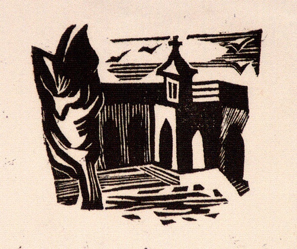Artist: b'Barwell, Geoff.' | Title: b'(The Cloisters).' | Date: (1955) | Technique: b'linocut, printed in black ink, from one block' Artist: b'Barwell, Geoff.' | Title: b'(The Cloisters).' | Date: (1955) | Technique: b'linocut, printed in black ink, from one block'