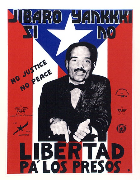 Artist: b'Black Cat Collective.' | Title: b'Jibaro Yankkki Si No.' | Date: c.1986 | Technique: b'screenprint, printed in colour, from multiple stencils' Artist: b'Black Cat Collective.' | Title: b'Jibaro Yankkki Si No.' | Date: c.1986 | Technique: b'screenprint, printed in colour, from multiple stencils'