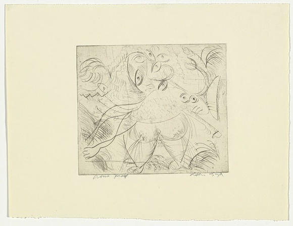 Artist: b'BOYD, Arthur' | Title: b'Figure with eyes and ram.' | Date: (1962-63) | Technique: b'drypoint, printed in black ink, from one plate' | Copyright: b'Reproduced with permission of Bundanon Trust' Artist: b'BOYD, Arthur' | Title: b'Figure with eyes and ram.' | Date: (1962-63) | Technique: b'drypoint, printed in black ink, from one plate' | Copyright: b'Reproduced with permission of Bundanon Trust'
