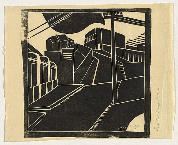 Artist: b'Weitzel, Frank.' | Title: b'Deserted street.' | Date: c.1930 | Technique: b'linocut, printed in black ink, from one block' Artist: b'Weitzel, Frank.' | Title: b'Deserted street.' | Date: c.1930 | Technique: b'linocut, printed in black ink, from one block'