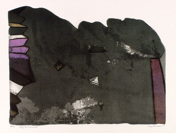 Artist: b'BALDESSIN, George' | Title: b'City monuments.' | Date: 1973 | Technique: b'etching and aquatint, printed in black ink, from one shaped plate; stencil, printed in colour, from six stencils.' Artist: b'BALDESSIN, George' | Title: b'City monuments.' | Date: 1973 | Technique: b'etching and aquatint, printed in black ink, from one shaped plate; stencil, printed in colour, from six stencils.'