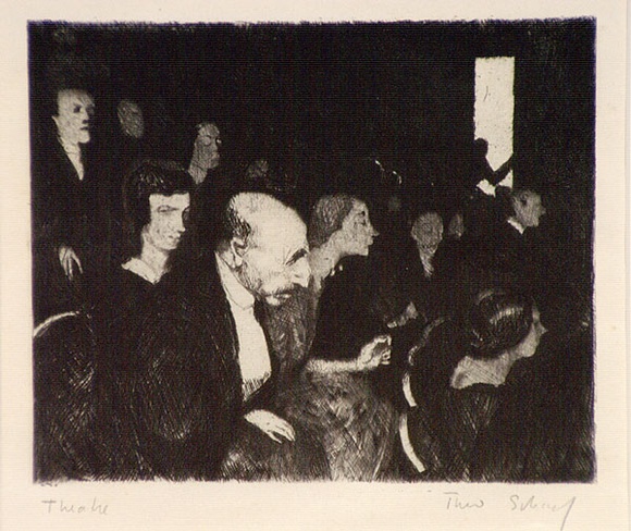 Artist: b'Scharf, Theo.' | Title: b'Theatre' | Date: c.1922 | Technique: b'etching, printed in black ink, from one plate' | Copyright: b'\xc2\xa9 The Estate of Theo Scharf.' Artist: b'Scharf, Theo.' | Title: b'Theatre' | Date: c.1922 | Technique: b'etching, printed in black ink, from one plate' | Copyright: b'\xc2\xa9 The Estate of Theo Scharf.'