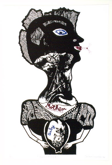 Artist: b'HANRAHAN, Barbara' | Title: b'Mother and baby' | Date: 1966 | Technique: b'linocut, printed in colour, from three blocks' Artist: b'HANRAHAN, Barbara' | Title: b'Mother and baby' | Date: 1966 | Technique: b'linocut, printed in colour, from three blocks'