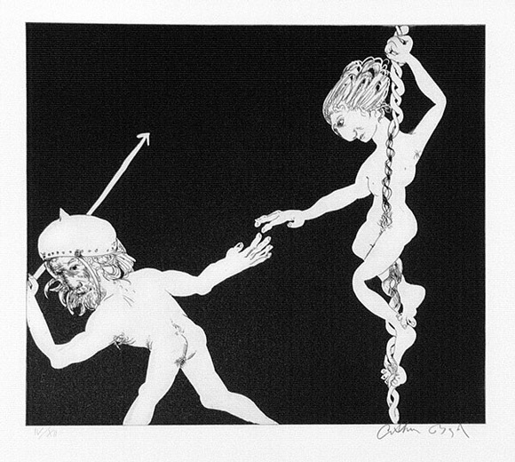 Artist: b'BOYD, Arthur' | Title: b'The next hoisting herself with rope and pulley down.' | Date: 1970 | Technique: b'etching and aquatint, printed in black ink, from one plate' Artist: b'BOYD, Arthur' | Title: b'The next hoisting herself with rope and pulley down.' | Date: 1970 | Technique: b'etching and aquatint, printed in black ink, from one plate'
