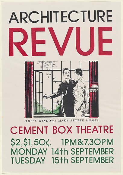 Artist: b'UNKNOWN (UNIVERSITY OF QUEENSLAND STUDENT WORKSHOP)' | Title: b'Architecture Review: Cement Box Theatre' | Date: 1981 | Technique: b'screenprint, printed in colour, from multiple stencils' Artist: b'UNKNOWN (UNIVERSITY OF QUEENSLAND STUDENT WORKSHOP)' | Title: b'Architecture Review: Cement Box Theatre' | Date: 1981 | Technique: b'screenprint, printed in colour, from multiple stencils'
