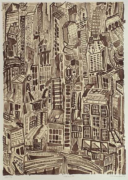 Artist: b'Crawford, Marian.' | Title: b'City north' | Date: 1996, October | Technique: b'lithograph, printed in brown ink, from one stone; cream tint' Artist: b'Crawford, Marian.' | Title: b'City north' | Date: 1996, October | Technique: b'lithograph, printed in brown ink, from one stone; cream tint'