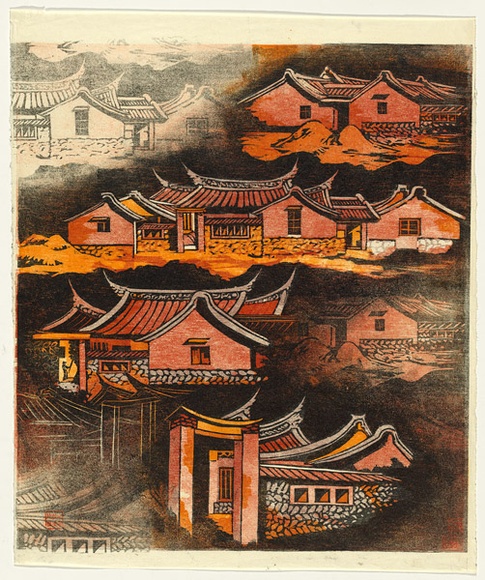 Artist: b'Thorpe, Lesbia.' | Title: b'(Taiwan village)' | Date: 1977 | Technique: b'woodcut, printed in colour, from four blocks' Artist: b'Thorpe, Lesbia.' | Title: b'(Taiwan village)' | Date: 1977 | Technique: b'woodcut, printed in colour, from four blocks'