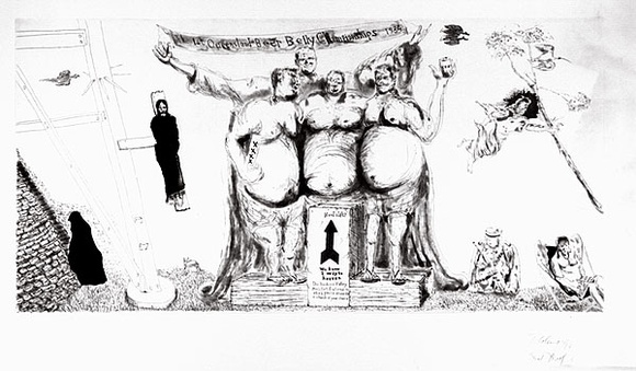 Artist: b'COLEING, Tony' | Title: b'The first Queensland beer belly championships 1984.' | Date: 1984 | Technique: b'etching and aquatint' Artist: b'COLEING, Tony' | Title: b'The first Queensland beer belly championships 1984.' | Date: 1984 | Technique: b'etching and aquatint'