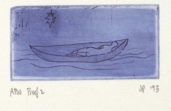 Artist: b'Palethorpe, Jan' | Title: b'not titled [figure in boat under star]' | Date: 1993 | Technique: b'etching, printed in blue ink, from one plate'