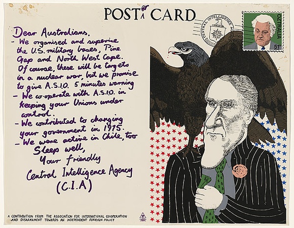 Artist: b'MACKINOLTY, Chips' | Title: b'Poster card: Dear Australians' | Date: 1977 | Technique: b'screenprint, printed in colour, from multiple stencils'