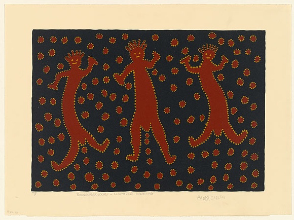 Artist: b'Carlton, Paddy.' | Title: b'booloobooloobi - ligthning man' | Date: 1997, July | Technique: b'screenprint, printed in colour, from multiple stencils' Artist: b'Carlton, Paddy.' | Title: b'booloobooloobi - ligthning man' | Date: 1997, July | Technique: b'screenprint, printed in colour, from multiple stencils'