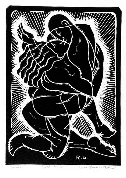 Artist: b'Hawkins, Weaver.' | Title: b'Passion' | Date: 1961 | Technique: b'linocut, printed in black ink, from one block' | Copyright: b'The Estate of H.F Weaver Hawkins' Artist: b'Hawkins, Weaver.' | Title: b'Passion' | Date: 1961 | Technique: b'linocut, printed in black ink, from one block' | Copyright: b'The Estate of H.F Weaver Hawkins'