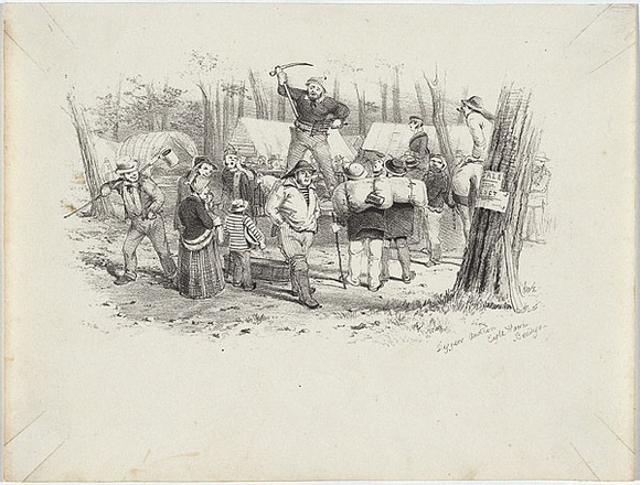 Artist: b'GILL, S.T.' | Title: b'Diggers auction, Eagle Hawk, Bendigo.' | Date: 1852 | Technique: b'lithograph, printed in black ink, from one stone' Artist: b'GILL, S.T.' | Title: b'Diggers auction, Eagle Hawk, Bendigo.' | Date: 1852 | Technique: b'lithograph, printed in black ink, from one stone'