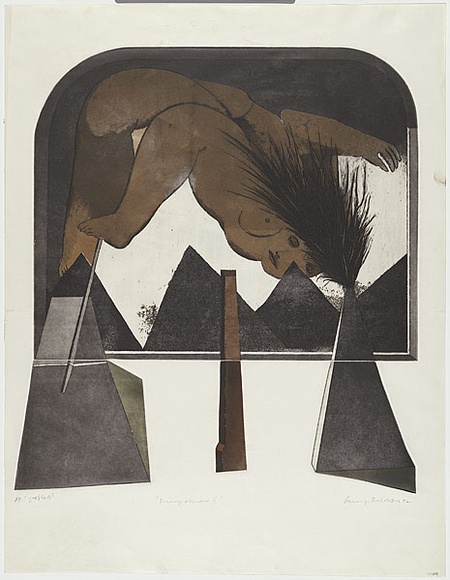 Artist: b'BALDESSIN, George' | Title: b'Personage and window II.' | Date: 1972 | Technique: b'etching and aquatint, printed in black ink, from four shaped plates; over stencil, printed in colour ink, from five stencils.' Artist: b'BALDESSIN, George' | Title: b'Personage and window II.' | Date: 1972 | Technique: b'etching and aquatint, printed in black ink, from four shaped plates; over stencil, printed in colour ink, from five stencils.'