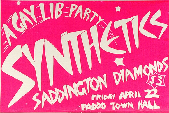 Artist: b'FISH, Doris' | Title: b'A gay lib party: Synthetics, Saddington Diamonds.' | Date: 1977 | Technique: b'screenprint, printed in pink ink, from one stencil' Artist: b'FISH, Doris' | Title: b'A gay lib party: Synthetics, Saddington Diamonds.' | Date: 1977 | Technique: b'screenprint, printed in pink ink, from one stencil'