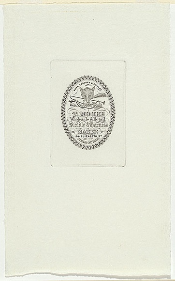 Artist: b'UNKNOWN ENGRAVER,' | Title: b'Trade card: T. Moore, saddle and harness maker.' | Date: c.1860 | Technique: b'line-engraving, printed in black ink, from one copper plate'