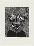 Artist: TUNGUTALUM, Bede | Title: Owl dreaming (Self portrait) | Date: 1988 | Technique: linocut, printed in black ink, from one block | Copyright: © Bede Tungutalum, Licensed by VISCOPY, Australia