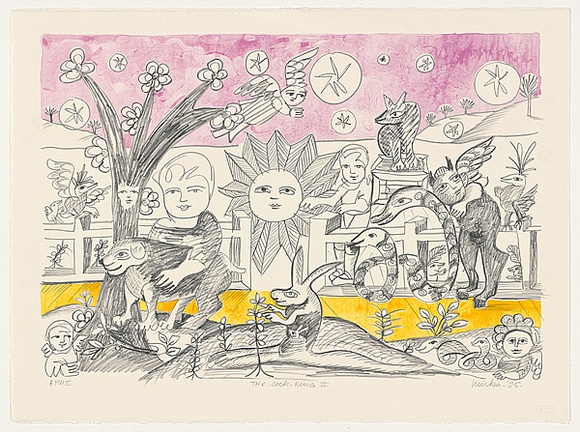 Artist: b'Mora, Mirka.' | Title: b'The cock-ring II' | Date: 1996, March | Technique: b'lithograph, printed in colour, from three stones' | Copyright: b'\xc2\xa9 Mirka Mora' Artist: b'Mora, Mirka.' | Title: b'The cock-ring II' | Date: 1996, March | Technique: b'lithograph, printed in colour, from three stones' | Copyright: b'\xc2\xa9 Mirka Mora'