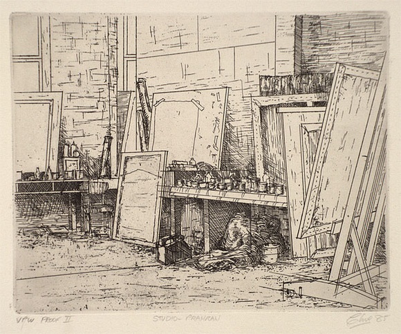 Artist: b'Dickson, Clive.' | Title: b'Studio - Pahran' | Date: 1985 | Technique: b'etching, printed in black ink, from one plate' Artist: b'Dickson, Clive.' | Title: b'Studio - Pahran' | Date: 1985 | Technique: b'etching, printed in black ink, from one plate'