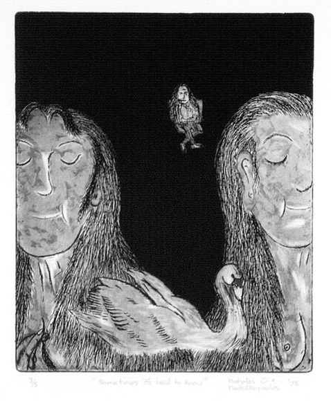 Artist: b'Nedelkopoulos, Nicholas.' | Title: bDeciding (also known as Sometimes it's hard to know) | Date: 1975 | Technique: b'etching' Artist: b'Nedelkopoulos, Nicholas.' | Title: bDeciding (also known as Sometimes it's hard to know) | Date: 1975 | Technique: b'etching'