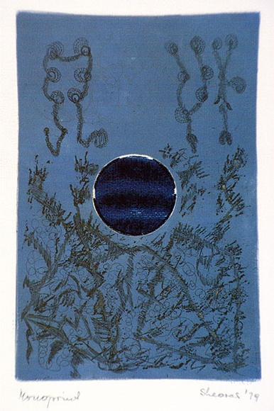 Artist: b'Shearer, Mitzi.' | Title: b'not titled' | Date: 1979 | Technique: b'etching, twond cut printed as monotype in colour from two plates' Artist: b'Shearer, Mitzi.' | Title: b'not titled' | Date: 1979 | Technique: b'etching, twond cut printed as monotype in colour from two plates'