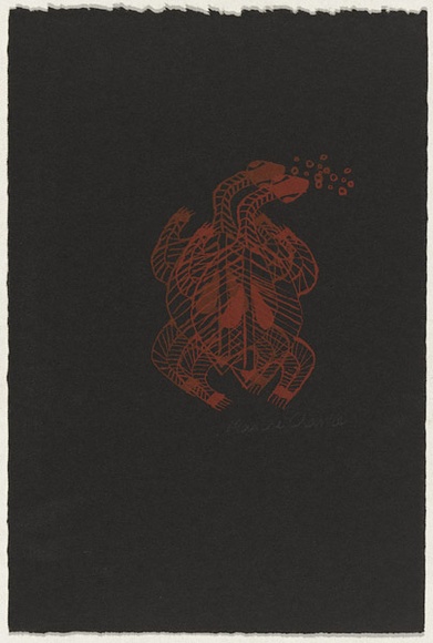 Artist: b'Charlie, Maxine.' | Title: b'Turtle blowing bubbles' | Date: 1997, September | Technique: b'screenprint, printed in red and brown ochre ink, from one stencil' Artist: b'Charlie, Maxine.' | Title: b'Turtle blowing bubbles' | Date: 1997, September | Technique: b'screenprint, printed in red and brown ochre ink, from one stencil'