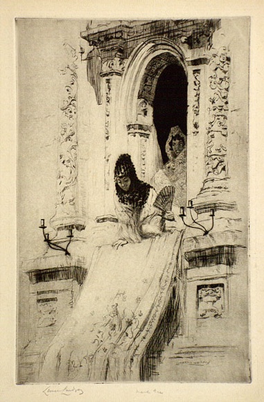 Artist: LINDSAY, Lionel | Title: Mardi Gras, Serville, Spain | Date: 1919 | Technique: drypoint, printed in warm black ink with plate-tone, from one plate | Copyright: Courtesy of the National Library of Australia Artist: LINDSAY, Lionel | Title: Mardi Gras, Serville, Spain | Date: 1919 | Technique: drypoint, printed in warm black ink with plate-tone, from one plate | Copyright: Courtesy of the National Library of Australia