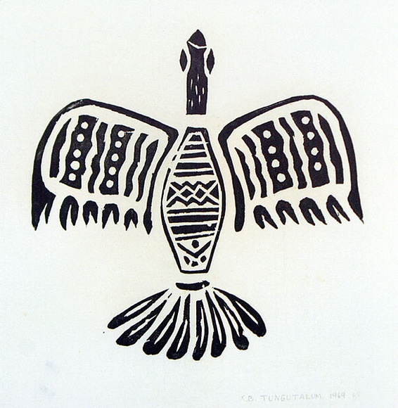 Artist: b'TUNGUTALUM, Bede' | Title: b'Bird with outstretched wings' | Date: 1969 | Technique: b'woodcut, printed in black ink, from one block' Artist: b'TUNGUTALUM, Bede' | Title: b'Bird with outstretched wings' | Date: 1969 | Technique: b'woodcut, printed in black ink, from one block'