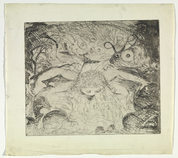 Artist: b'BOYD, Arthur' | Title: bNude washing in a creek with watching head and ram's head. | Date: (1962-63) | Technique: b'etching, printed in black ink, from one plate' | Copyright: b'Reproduced with permission of Bundanon Trust' Artist: b'BOYD, Arthur' | Title: bNude washing in a creek with watching head and ram's head. | Date: (1962-63) | Technique: b'etching, printed in black ink, from one plate' | Copyright: b'Reproduced with permission of Bundanon Trust'