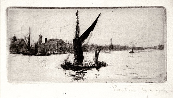 Artist: b'Geach, Portia.' | Title: b'(Sailing barge on the Thames)' | Date: c.1898 | Technique: b'etching, printed in black ink, from one plate' | Copyright: b'With permission from Trust Company Limited, Trustee for the Portia Geach Memorial Fund' Artist: b'Geach, Portia.' | Title: b'(Sailing barge on the Thames)' | Date: c.1898 | Technique: b'etching, printed in black ink, from one plate' | Copyright: b'With permission from Trust Company Limited, Trustee for the Portia Geach Memorial Fund'
