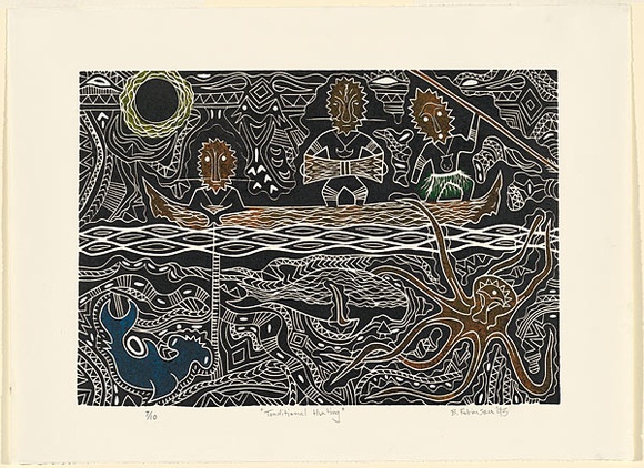 Artist: b'Robinson, Brian.' | Title: b'Traditional hunting' | Date: 1993 | Technique: b'linocut, printed in black ink, from one block; hand coloured' Artist: b'Robinson, Brian.' | Title: b'Traditional hunting' | Date: 1993 | Technique: b'linocut, printed in black ink, from one block; hand coloured'