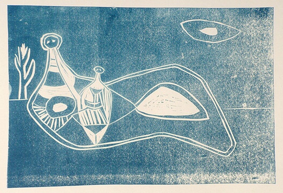 Artist: b'Stein, Guenter.' | Title: b'(Mother and child in landscape)' | Date: (1955) | Technique: b'linocut, printed in blue ink, from one block' | Copyright: b'\xc2\xa9 Bill Stevens (name changed by deed poll in 1958)' Artist: b'Stein, Guenter.' | Title: b'(Mother and child in landscape)' | Date: (1955) | Technique: b'linocut, printed in blue ink, from one block' | Copyright: b'\xc2\xa9 Bill Stevens (name changed by deed poll in 1958)'