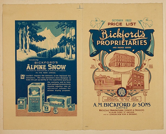 Artist: Burdett, Frank. | Title: Cover: Bickford's proprietaries price list. | Date: 1922 | Technique: lithograph, printed in colour, from multiple stones [or plates]