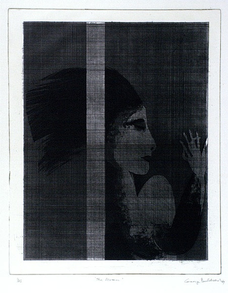 Artist: b'BALDESSIN, George' | Title: b'The screen.' | Date: 1967 | Technique: b'etching and aquatint, printed in black ink, from one plate' Artist: b'BALDESSIN, George' | Title: b'The screen.' | Date: 1967 | Technique: b'etching and aquatint, printed in black ink, from one plate'