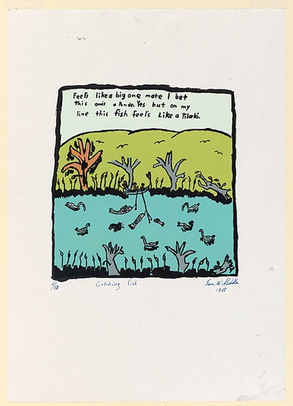 Artist: b'Abdulla, Ian.' | Title: b'Catching fish' | Date: 1988 | Technique: b'screenprint, printed in colour, from multiple stencils' | Copyright: b'\xc2\xa9 Ian W. Abdulla' Artist: b'Abdulla, Ian.' | Title: b'Catching fish' | Date: 1988 | Technique: b'screenprint, printed in colour, from multiple stencils' | Copyright: b'\xc2\xa9 Ian W. Abdulla'