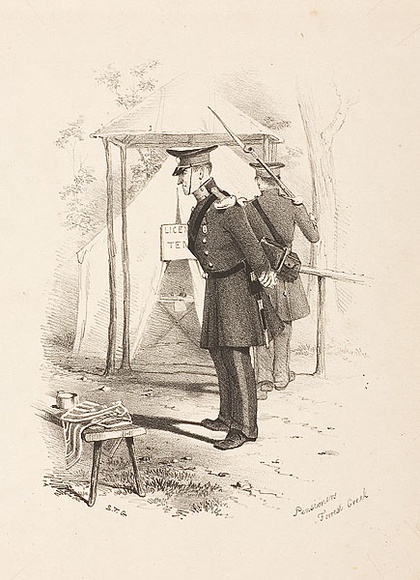 Artist: b'GILL, S.T.' | Title: b'Pensioners, Forrest Creek.' | Date: 1852 | Technique: b'lithograph, printed in black ink, from one stone'