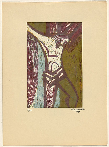 Artist: de Kesler, Thomas. | Title: not titled [Christ on the cross] | Date: about 1955 | Technique: linocut, printed in colour, from multiple blocks