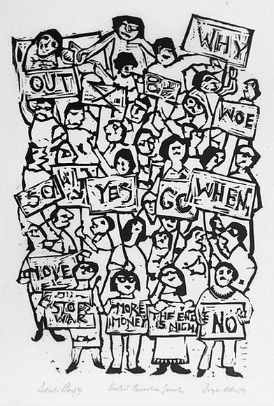 Artist: b'Allen, Joyce.' | Title: b'Protest Promotion Society.' | Date: 1973 | Technique: b'linocut, printed in black ink, from one block' Artist: b'Allen, Joyce.' | Title: b'Protest Promotion Society.' | Date: 1973 | Technique: b'linocut, printed in black ink, from one block'