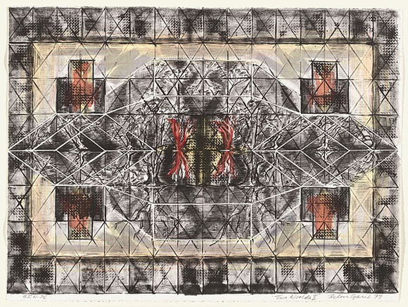Artist: b'Geier, Helen.' | Title: b'Two worlds I' | Date: 1997, August | Technique: b'lithograph, printed in black ink, from one stone; hand-coloured' Artist: b'Geier, Helen.' | Title: b'Two worlds I' | Date: 1997, August | Technique: b'lithograph, printed in black ink, from one stone; hand-coloured'