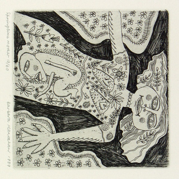 Artist: b'HANRAHAN, Barbara' | Title: b'Springtime mother' | Date: 1989 | Technique: b'etching, printed in black ink with plate-tone, from one plate' Artist: b'HANRAHAN, Barbara' | Title: b'Springtime mother' | Date: 1989 | Technique: b'etching, printed in black ink with plate-tone, from one plate'
