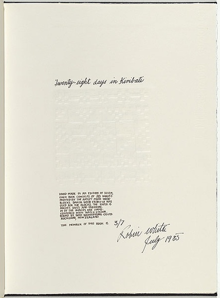Artist: b'White, Robin.' | Title: b'Twenty-eight days in Kiribati.' | Date: 1985 | Technique: b'woodcuts, printed in black ink, each from one block; hand-coloured' Artist: b'White, Robin.' | Title: b'Twenty-eight days in Kiribati.' | Date: 1985 | Technique: b'woodcuts, printed in black ink, each from one block; hand-coloured'