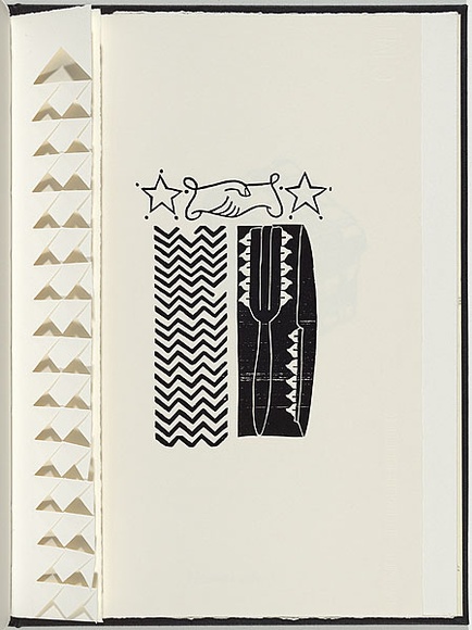 Artist: b'White, Robin.' | Title: b'Not titled (hands shaking and stars).' | Date: 1985 | Technique: b'woodcut, printed in black ink, from one block' Artist: b'White, Robin.' | Title: b'Not titled (hands shaking and stars).' | Date: 1985 | Technique: b'woodcut, printed in black ink, from one block'