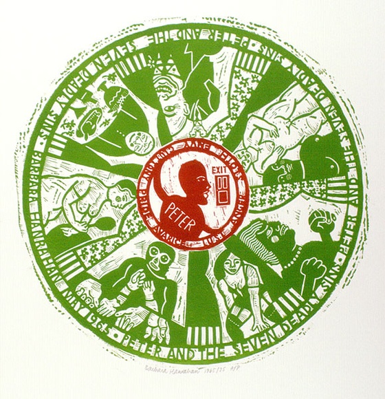 Artist: b'HANRAHAN, Barbara' | Title: b'Peter and the seven deadly sins' | Date: 1965 | Technique: b'linocut, printed in colour, from two blocks' Artist: b'HANRAHAN, Barbara' | Title: b'Peter and the seven deadly sins' | Date: 1965 | Technique: b'linocut, printed in colour, from two blocks'
