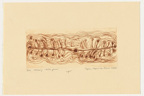 Artist: b'Napurrula Fisher, Topsy.' | Title: b'Mowiji - bush plum' | Date: 2004 | Technique: b'drypoint etching, printed in brown ink, from one perspex plate' Artist: b'Napurrula Fisher, Topsy.' | Title: b'Mowiji - bush plum' | Date: 2004 | Technique: b'drypoint etching, printed in brown ink, from one perspex plate'