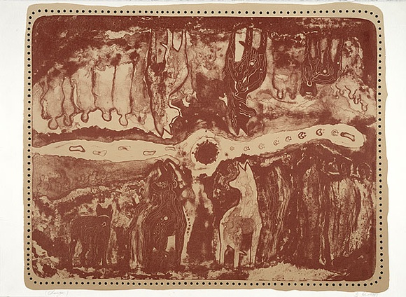 Artist: b'Johnson, John.' | Title: b'Changes' | Date: 1995 | Technique: b'lithograph, printed in colour, from two stones in light brown and ochre ink with synthetic polymer paint additions' Artist: b'Johnson, John.' | Title: b'Changes' | Date: 1995 | Technique: b'lithograph, printed in colour, from two stones in light brown and ochre ink with synthetic polymer paint additions'