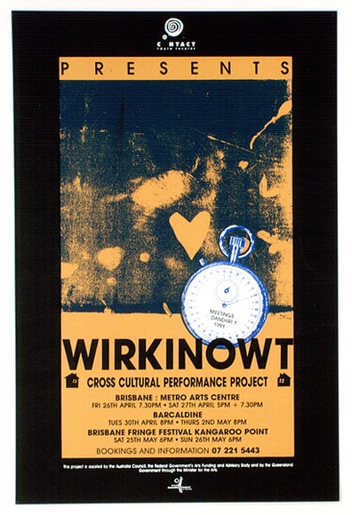 Artist: b'Fenelon, Gaven.' | Title: b'Workinowt.' | Date: 1991, April | Technique: b'screenprint, printed in blue, orange and black ink, from three stencils' Artist: b'Fenelon, Gaven.' | Title: b'Workinowt.' | Date: 1991, April | Technique: b'screenprint, printed in blue, orange and black ink, from three stencils'