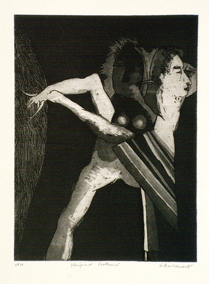 Artist: b'BALDESSIN, George' | Title: b'Striped costume.' | Date: 1965 | Technique: b'etching and aquatint, printed in black ink, from one plate' Artist: b'BALDESSIN, George' | Title: b'Striped costume.' | Date: 1965 | Technique: b'etching and aquatint, printed in black ink, from one plate'