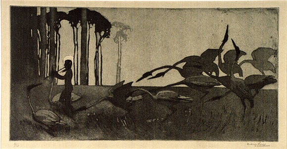 Artist: b'Long, Sydney.' | Title: b'The Spirit of the plains' | Date: 1919 | Technique: b'aquatint and drypoint, printed in blue ink with plate-tone, from one copper plate' | Copyright: b'Reproduced with the kind permission of the Ophthalmic Research Institute of Australia' Artist: b'Long, Sydney.' | Title: b'The Spirit of the plains' | Date: 1919 | Technique: b'aquatint and drypoint, printed in blue ink with plate-tone, from one copper plate' | Copyright: b'Reproduced with the kind permission of the Ophthalmic Research Institute of Australia'