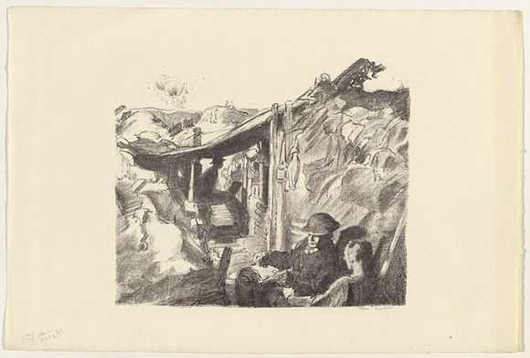 Artist: b'Dyson, Will.' | Title: bWith Manton's guns, Hill 60. | Date: 1918 | Technique: b'lithograph, printed in black ink, from one stone Arnold unbleached' Artist: b'Dyson, Will.' | Title: bWith Manton's guns, Hill 60. | Date: 1918 | Technique: b'lithograph, printed in black ink, from one stone Arnold unbleached'